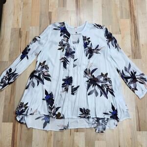 Free‎ People Tunic Top Floral Print Long Sleeve Keyhole White Size L